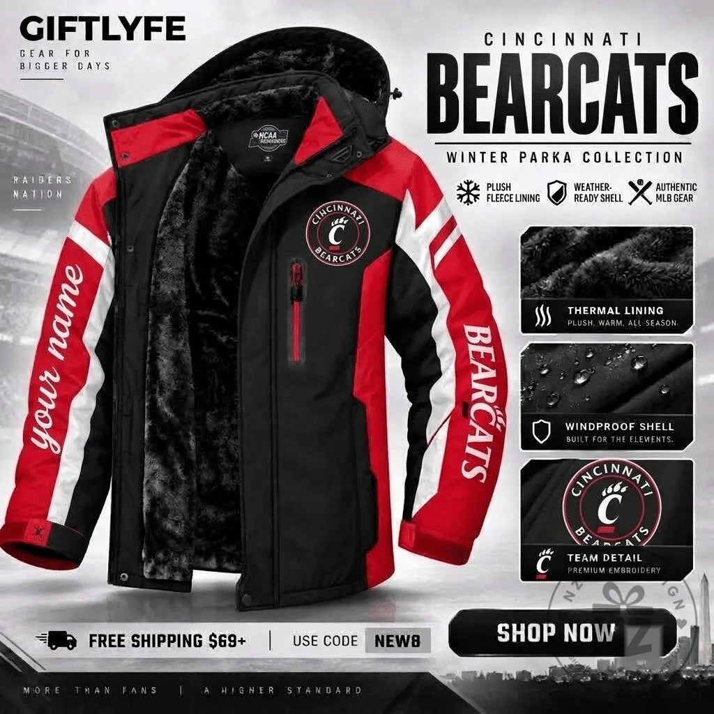 Cincinnati Bearcats NCAA Winter Parka Jacket with Plush Fleece Lining