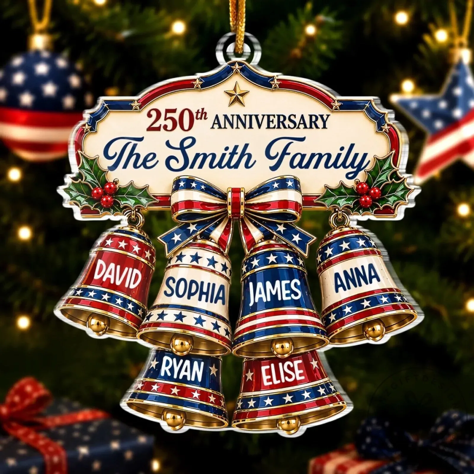 Personalized Family Name 250th Anniversary Christmas Bell Ornament