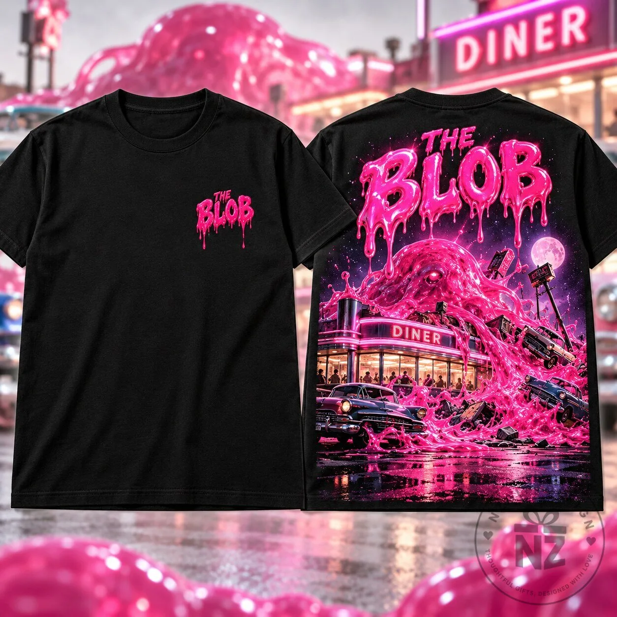 The Blob Movie Neon Retro Horror Diner Scene Black Graphic T-Shirt