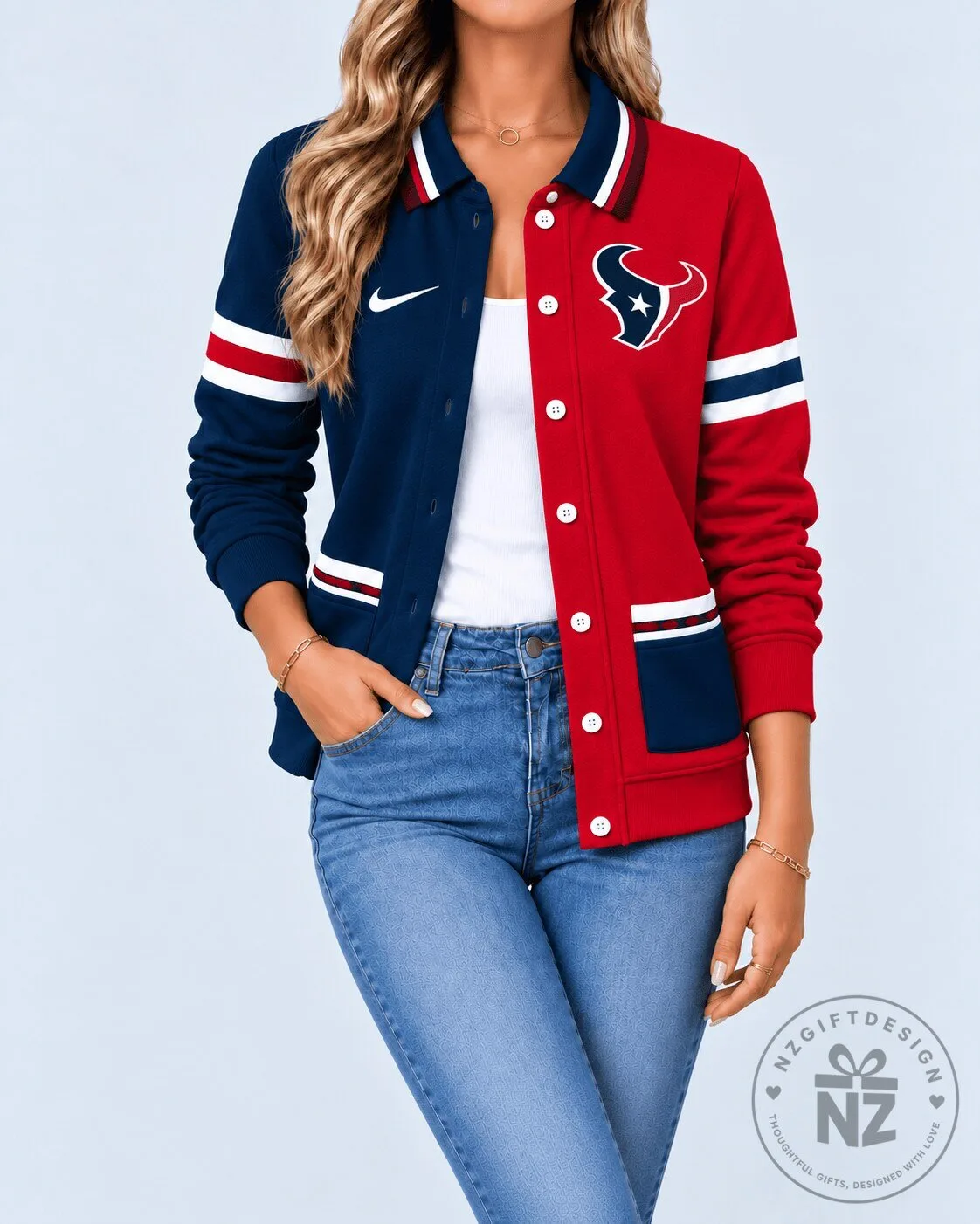 Houston Texans NFL Football Team Red and Blue Varsity Jacket for Women 2 Houston Texans NFL Football Team Red and Blue Varsity Jacket for Women