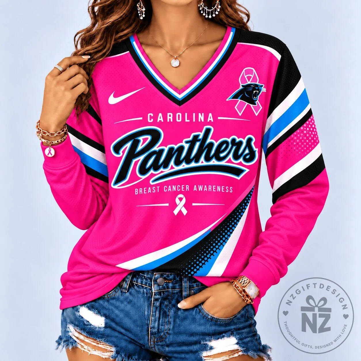 Carolina Panthers Breast Cancer Awareness Pink NFL Football Long Sleeve Shirt