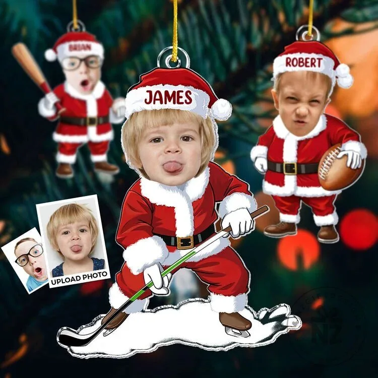 Personalized Kids Playing Sports In Santa Costume Christmas Tree Ornament