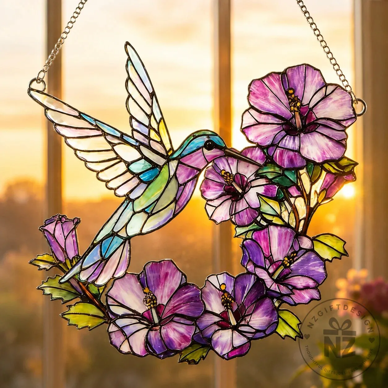 Hummingbird and Hibiscus Flowers Stained Glass Window Suncatcher Decor