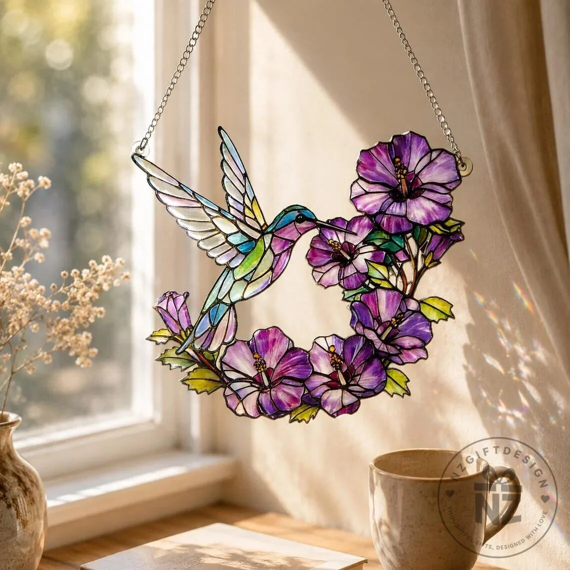 Hummingbird and Hibiscus Flowers Stained Glass Window Suncatcher Decor 21 Hummingbird and Hibiscus Flowers Stained Glass Window Suncatcher Decor