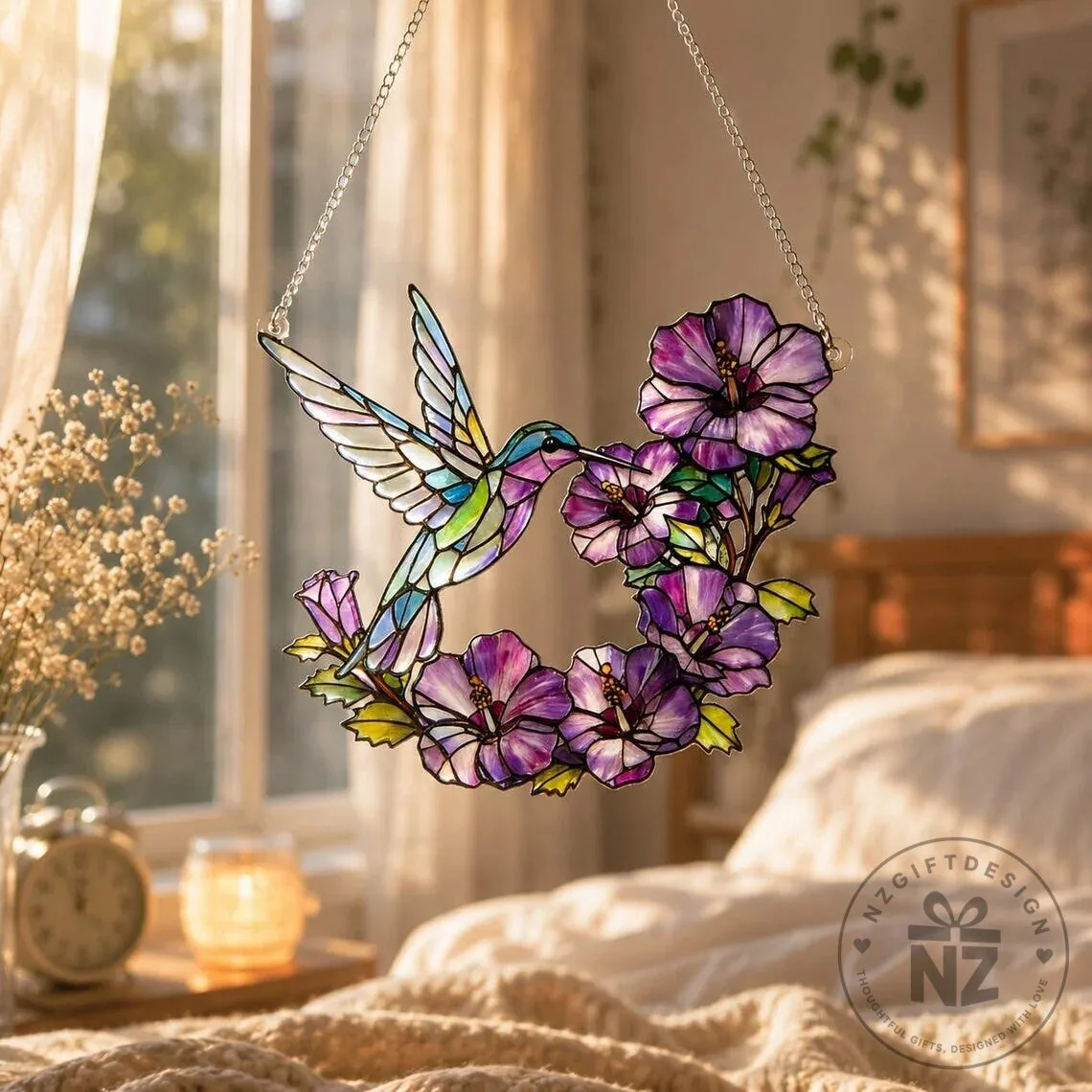 Hummingbird and Hibiscus Flowers Stained Glass Window Suncatcher Decor 22 Hummingbird and Hibiscus Flowers Stained Glass Window Suncatcher Decor