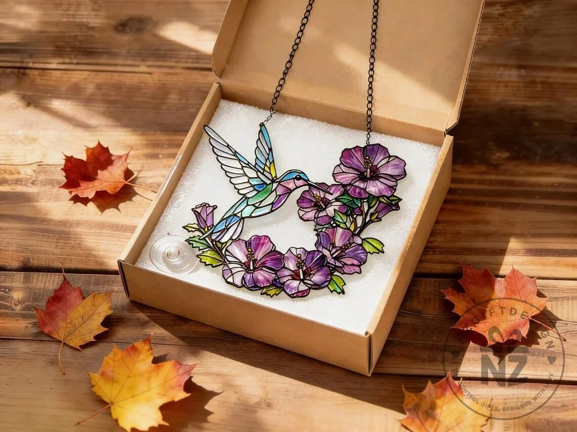 Hummingbird and Hibiscus Flowers Stained Glass Window Suncatcher Decor 24 Hummingbird and Hibiscus Flowers Stained Glass Window Suncatcher Decor