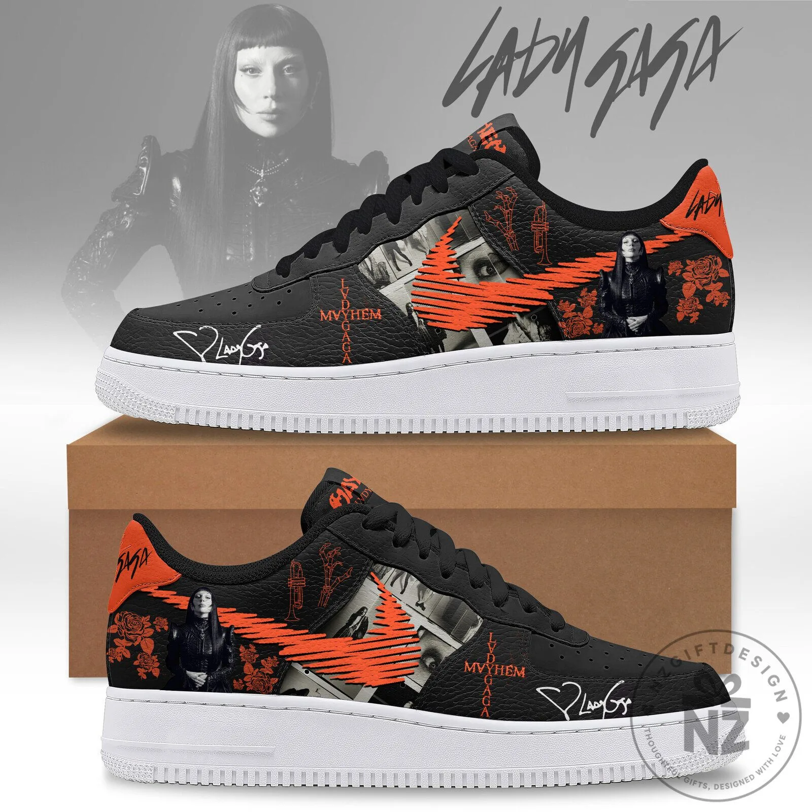 Lady Gaga The Fame Monster Album Art Design Black and Orange Sneakers