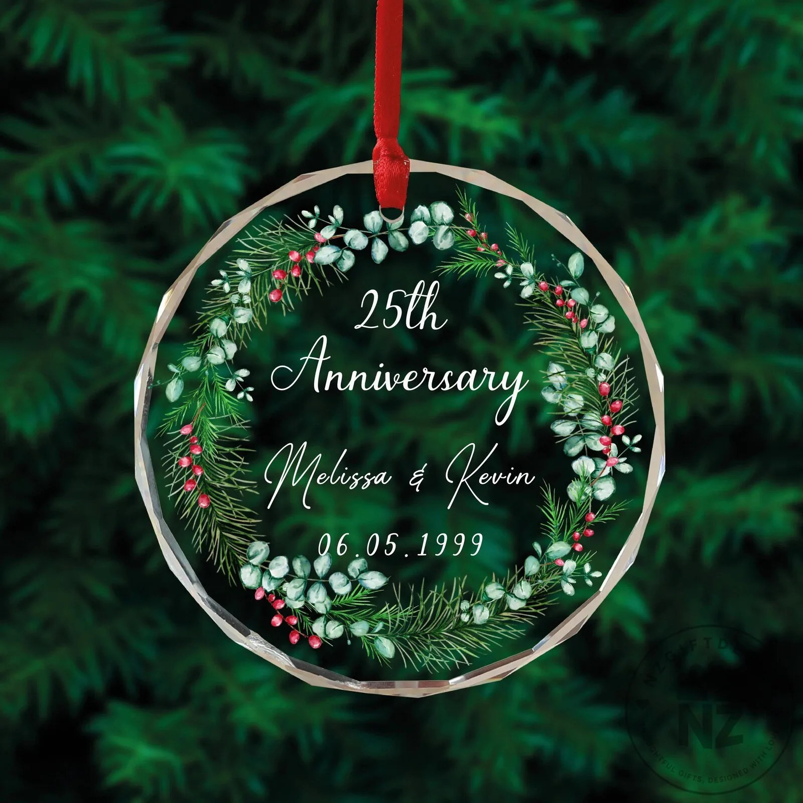 Personalized 25th Anniversary Glass Ornament with Custom Names and Date