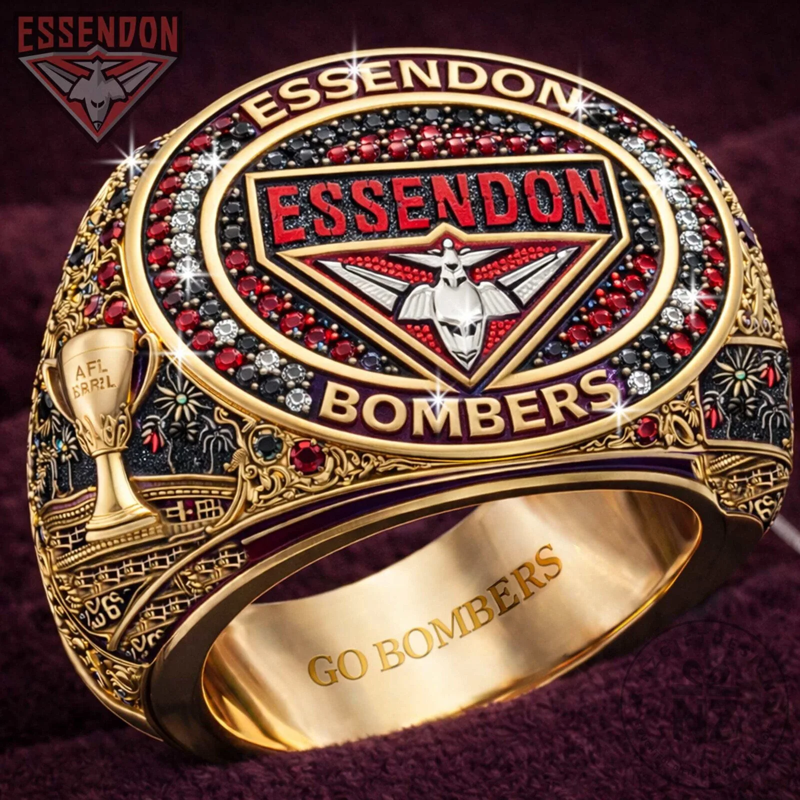 Essendon Bombers AFL Premiership Football Team Fan Gold Ring
