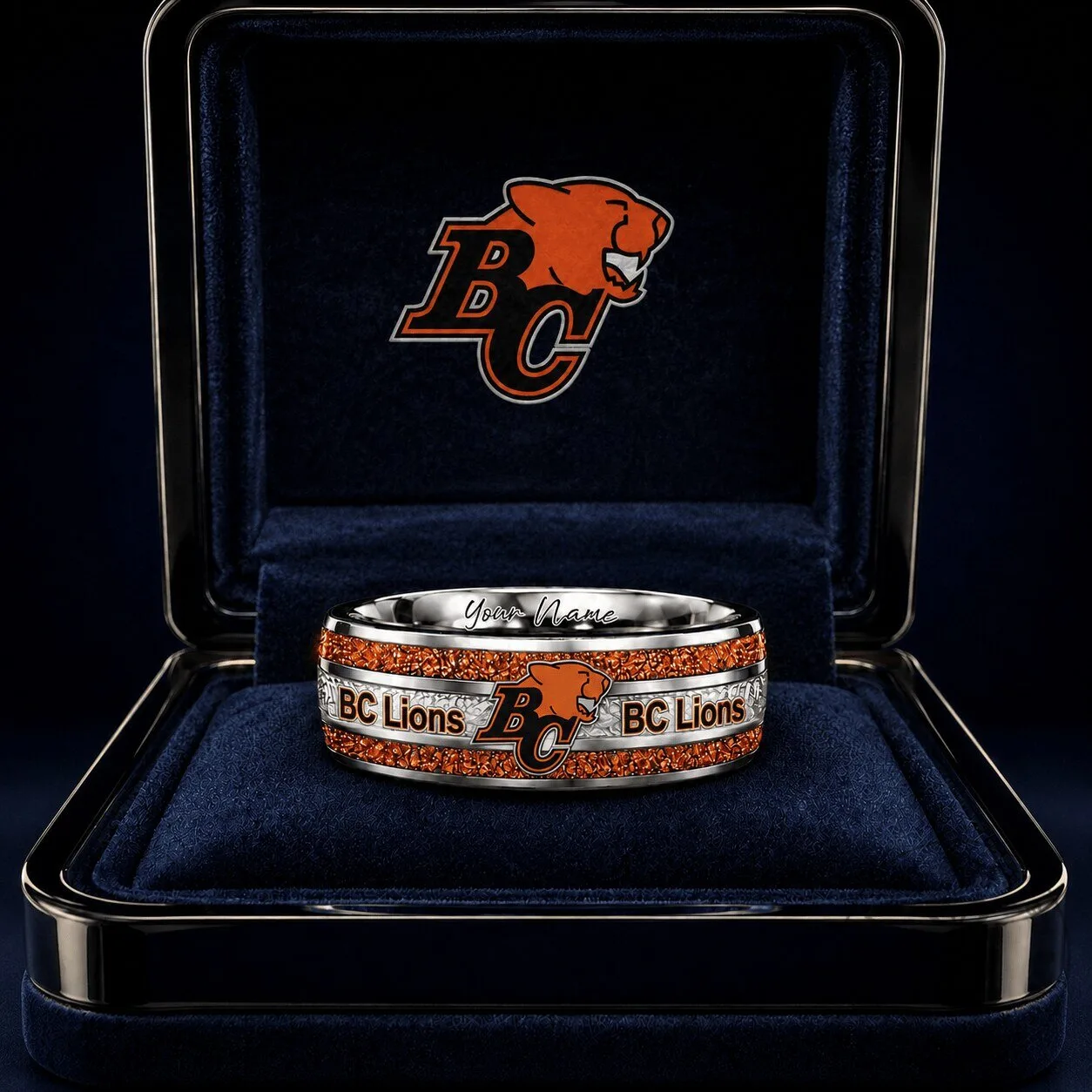 BC Lions Football Team Custom Name Engraved Ring with Orange Gemstones