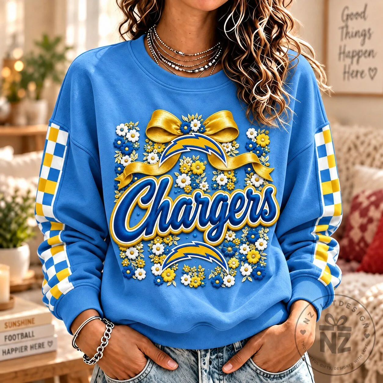 Los Angeles Chargers NFL Football Team Floral Design Crewneck Sweatshirt