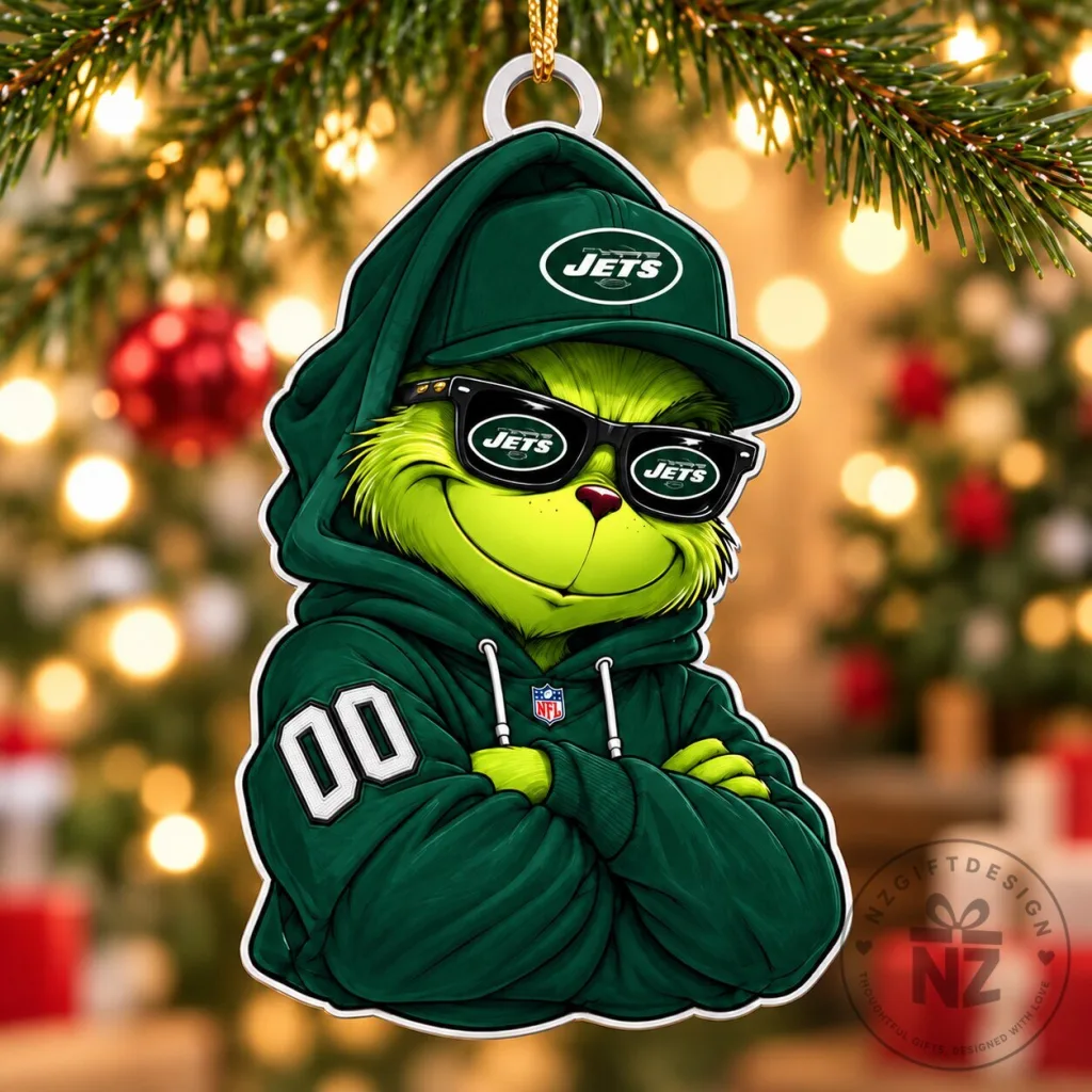New York Jets Grinch Christmas Ornament with Custom Number for Holiday Tree New York Jets Grinch Christmas Ornament with Custom Number for Holiday Tree