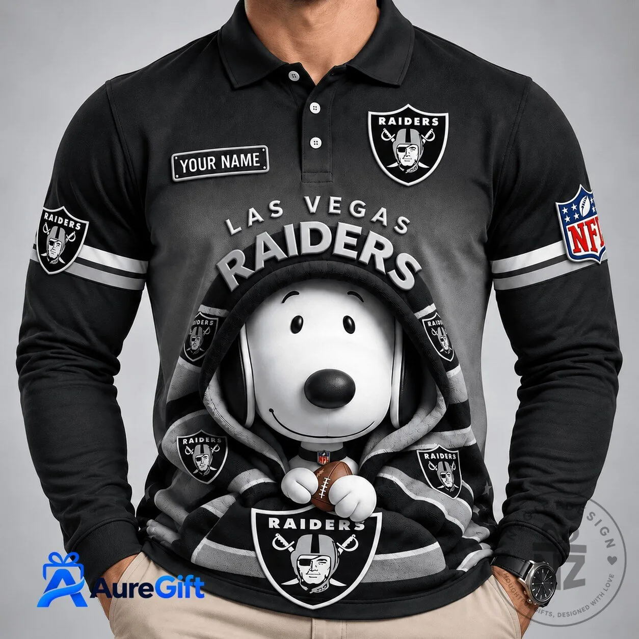 Las Vegas Raiders Snoopy Christmas Kick Off Personalized Long Sleeve Polo Shirt