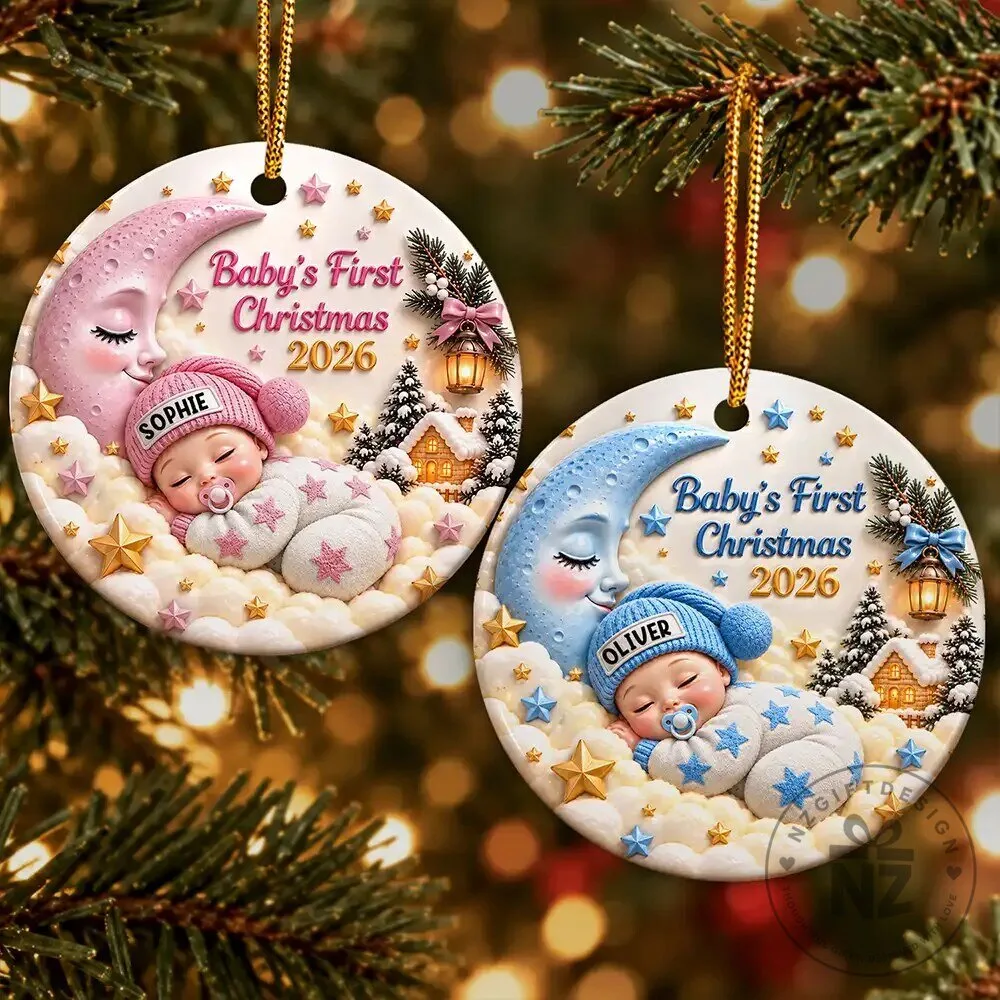 Baby's First Christmas 2026 Personalized Sleeping Moon Round Ceramic Ornament 6 Baby's First Christmas 2026 Personalized Sleeping Moon Round Ceramic Ornament