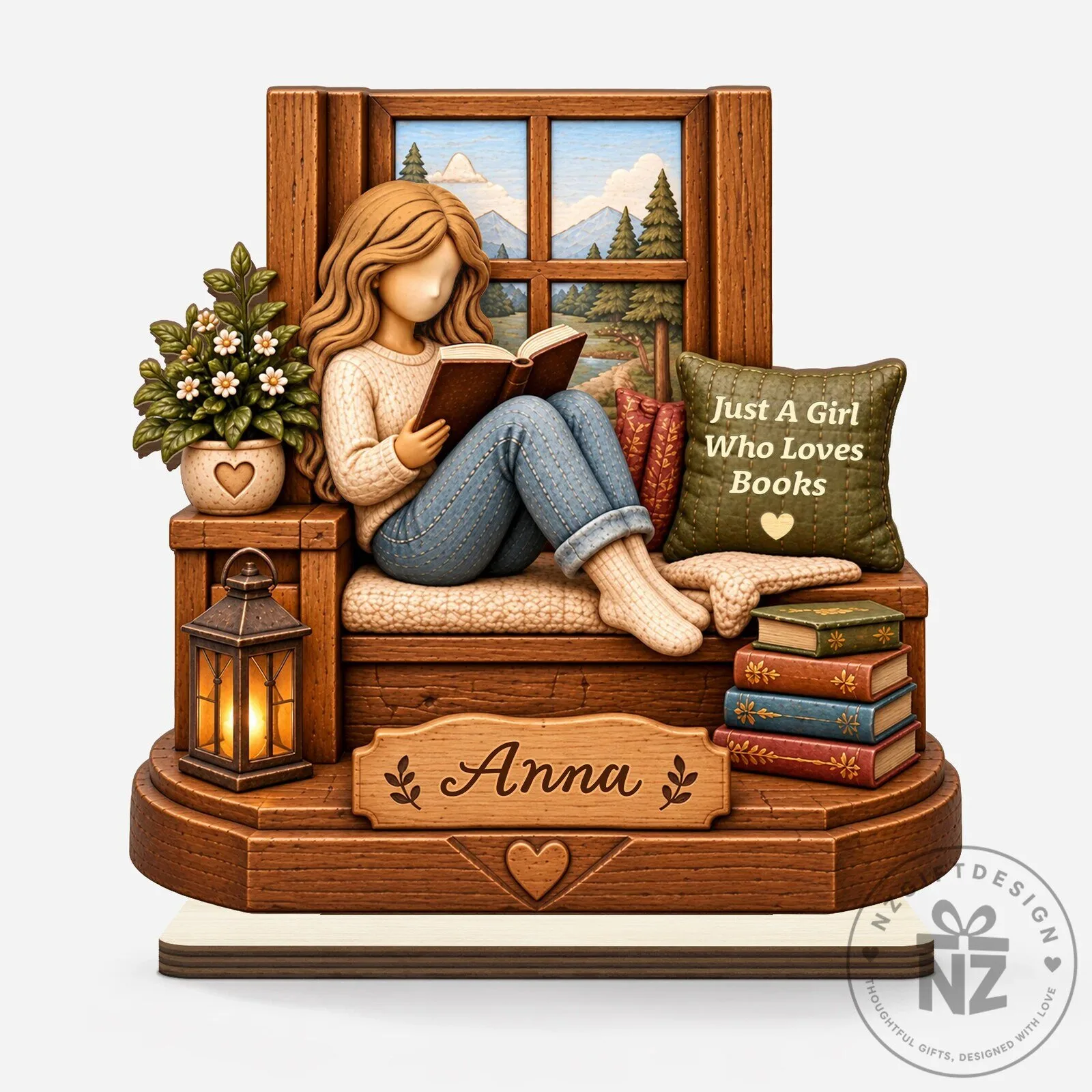 Personalized Girl Reading Bookshelf Wooden Plaque with Stand 4 Personalized Girl Reading Bookshelf Wooden Plaque with Stand