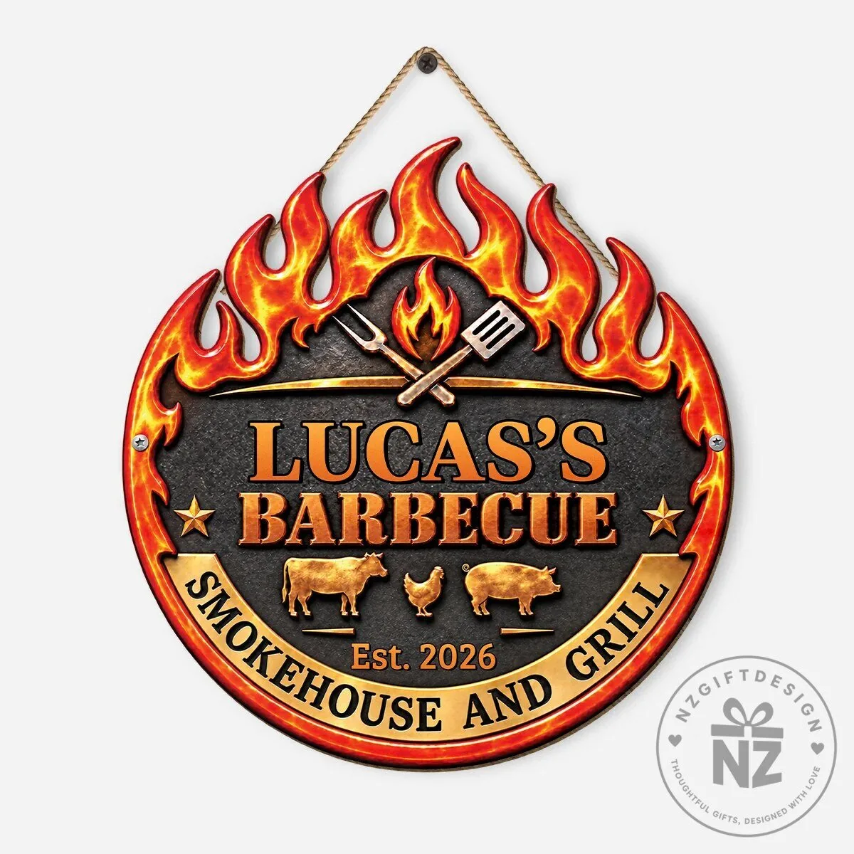 Personalized Barbecue Smokehouse and Grill Custom Name Round Metal Sign