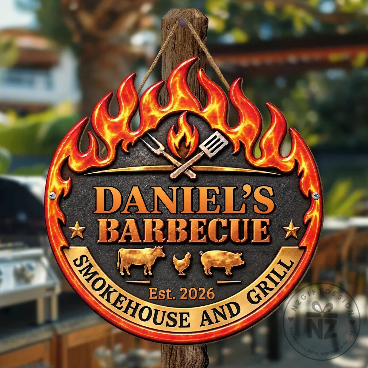 Personalized Barbecue Smokehouse and Grill Custom Name Round Metal Sign 7 Personalized Barbecue Smokehouse and Grill Custom Name Round Metal Sign