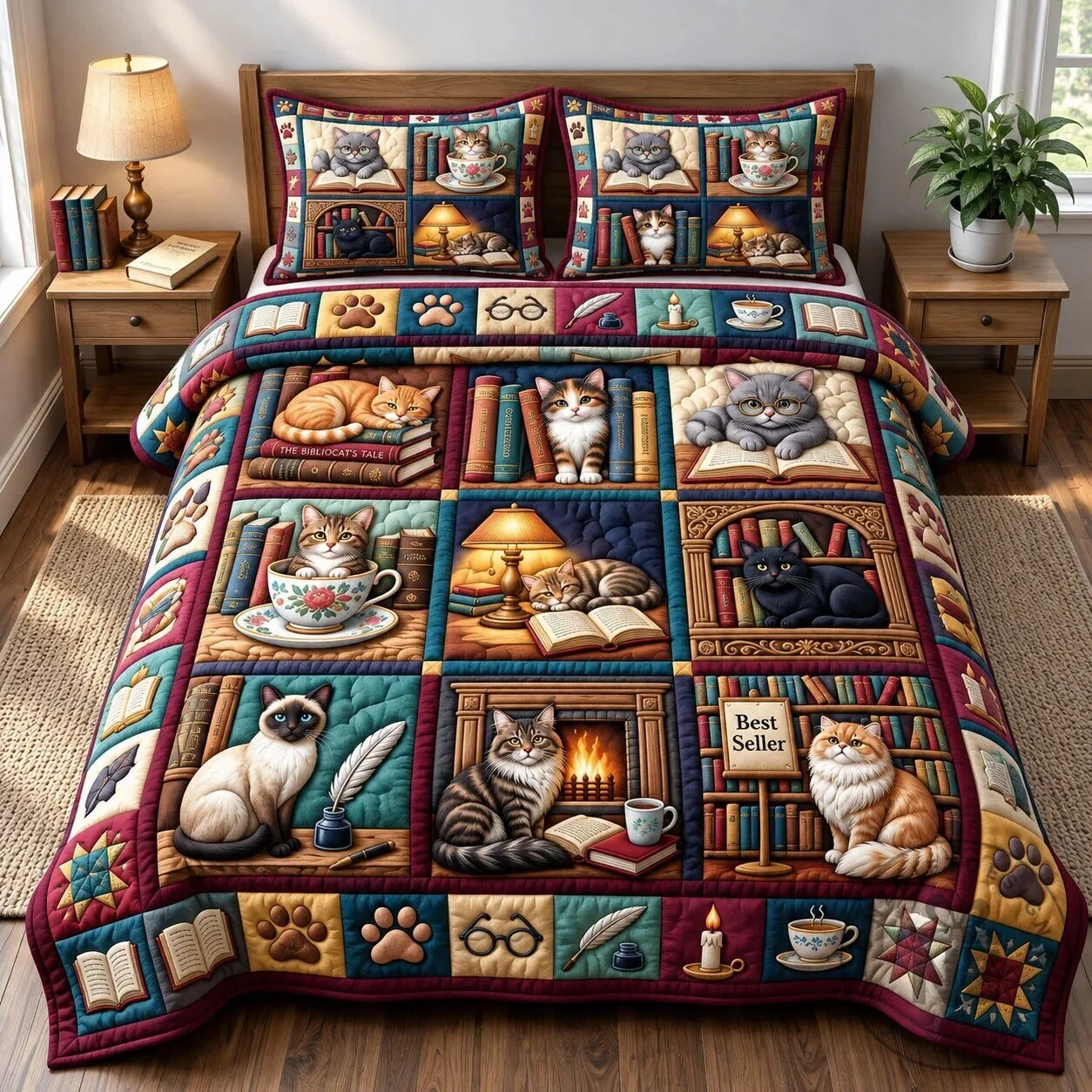 Bookish Cats Reading Quilted Bedding Set with Pillow Shams 7 Bookish Cats Reading Quilted Bedding Set with Pillow Shams
