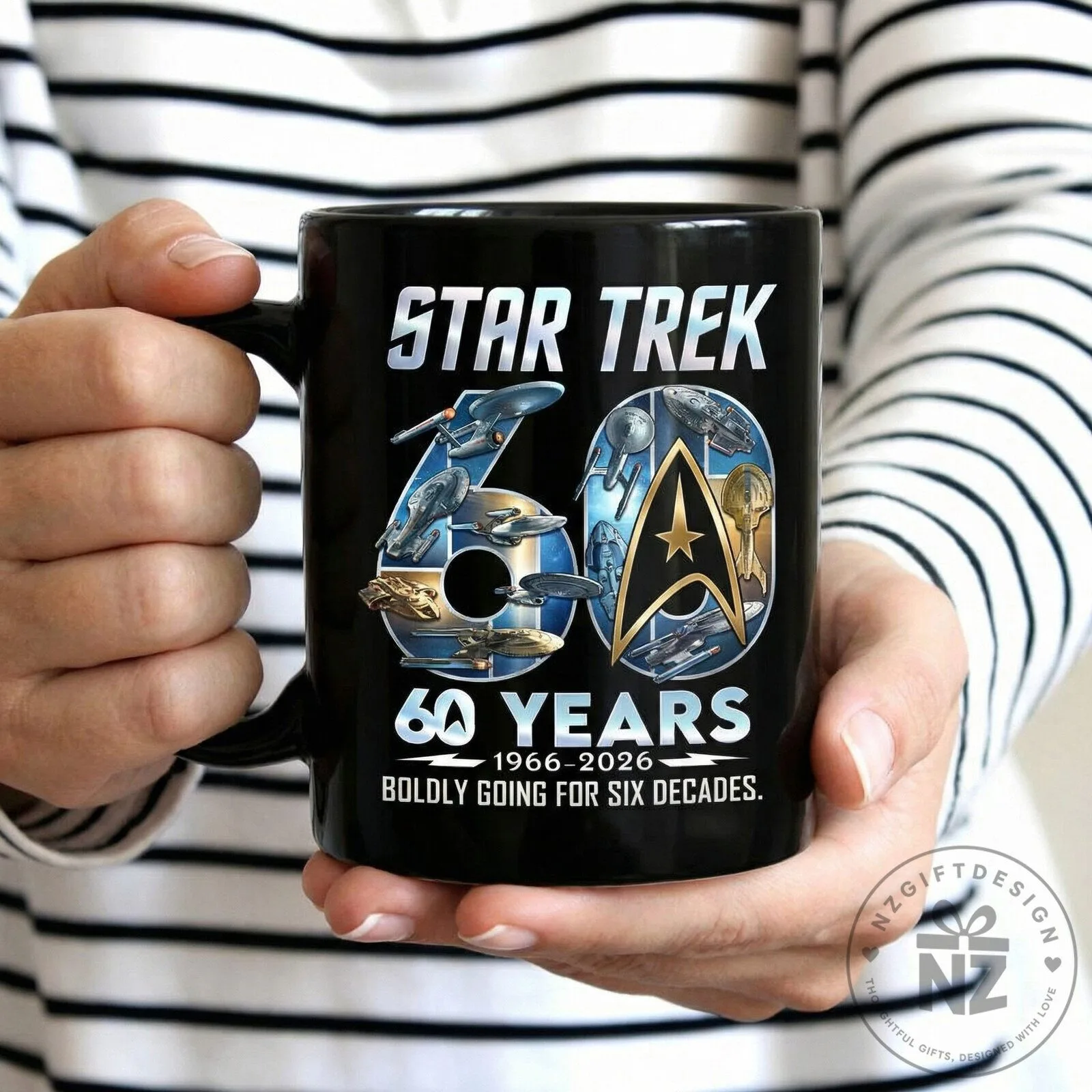 Star Trek 60th Anniversary 1966-2026 Boldly Going For Six Decades Black Coffee Mug
