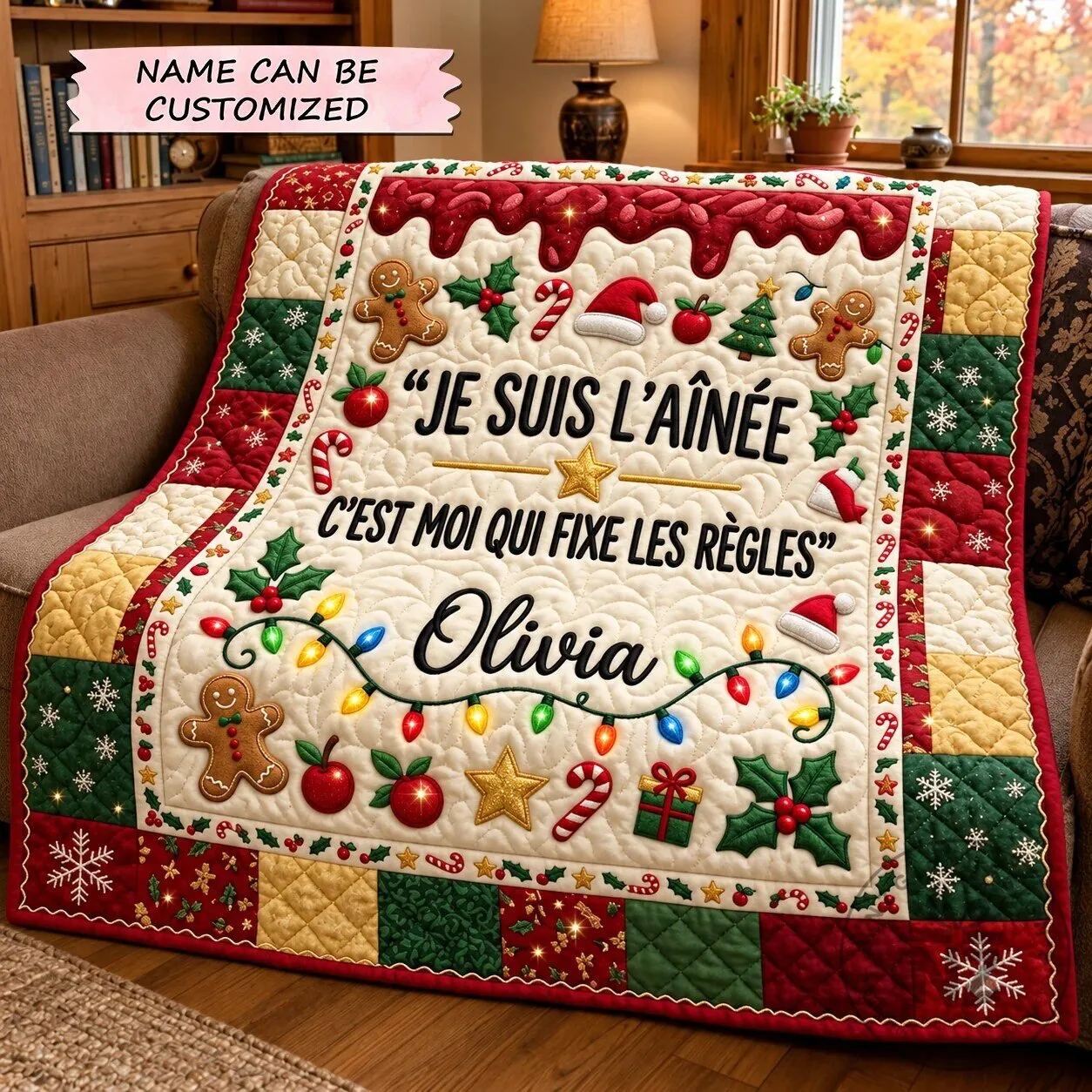 Personalized Christmas Gingerbread Sibling Quilted Blanket