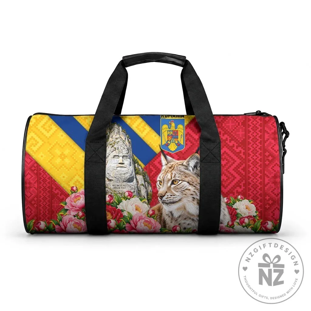 Romania Flag Lynx Decebalus Rex Traditional Folk Pattern Peony Floral Duffle Bag