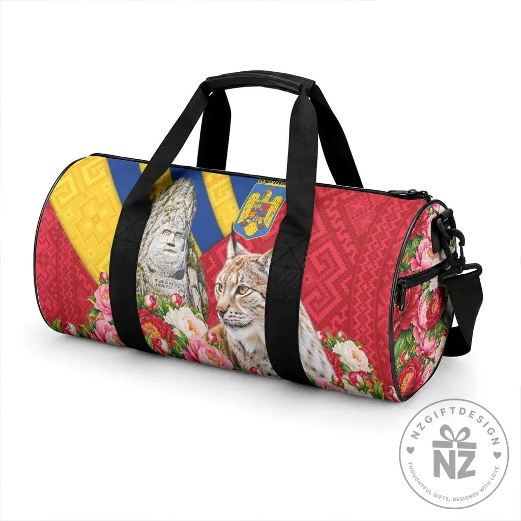 Romania Flag Lynx Decebalus Rex Traditional Folk Pattern Peony Floral Duffle Bag 9 Romania Flag Lynx Decebalus Rex Traditional Folk Pattern Peony Floral Duffle Bag