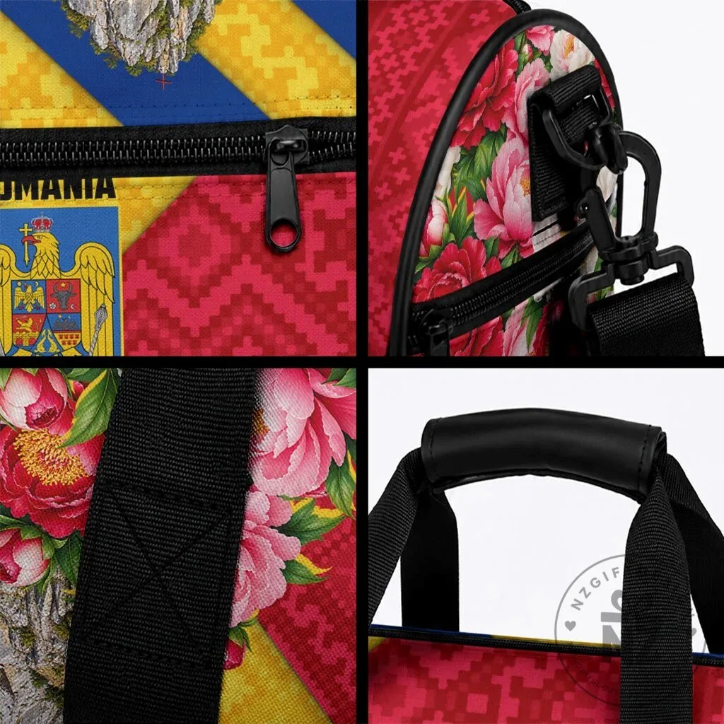 Romania Flag Lynx Decebalus Rex Traditional Folk Pattern Peony Floral Duffle Bag 10 Romania Flag Lynx Decebalus Rex Traditional Folk Pattern Peony Floral Duffle Bag