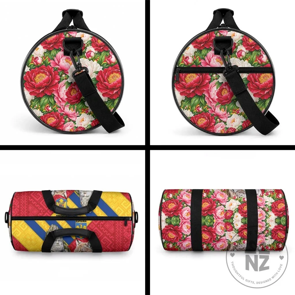 Romania Flag Lynx Decebalus Rex Traditional Folk Pattern Peony Floral Duffle Bag 11 Romania Flag Lynx Decebalus Rex Traditional Folk Pattern Peony Floral Duffle Bag