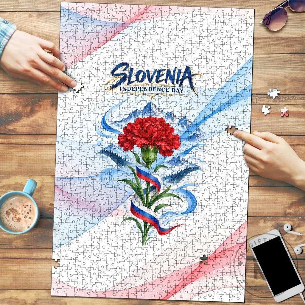 Slovenia Independence Day Red Carnation Flower Mount Triglav Flag Jigsaw Puzzle