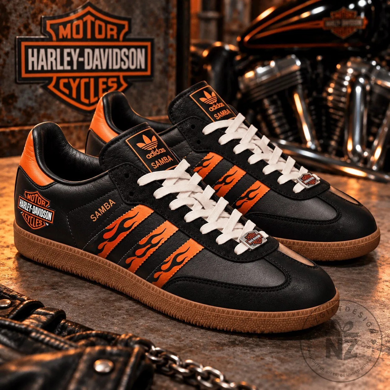 Harley-Davidson Adidas Samba Black and Orange Flame Design Shoes