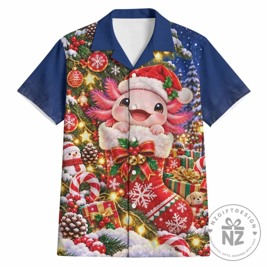 Cute Axolotl in Christmas Stocking Holiday Hawaiian Shirt