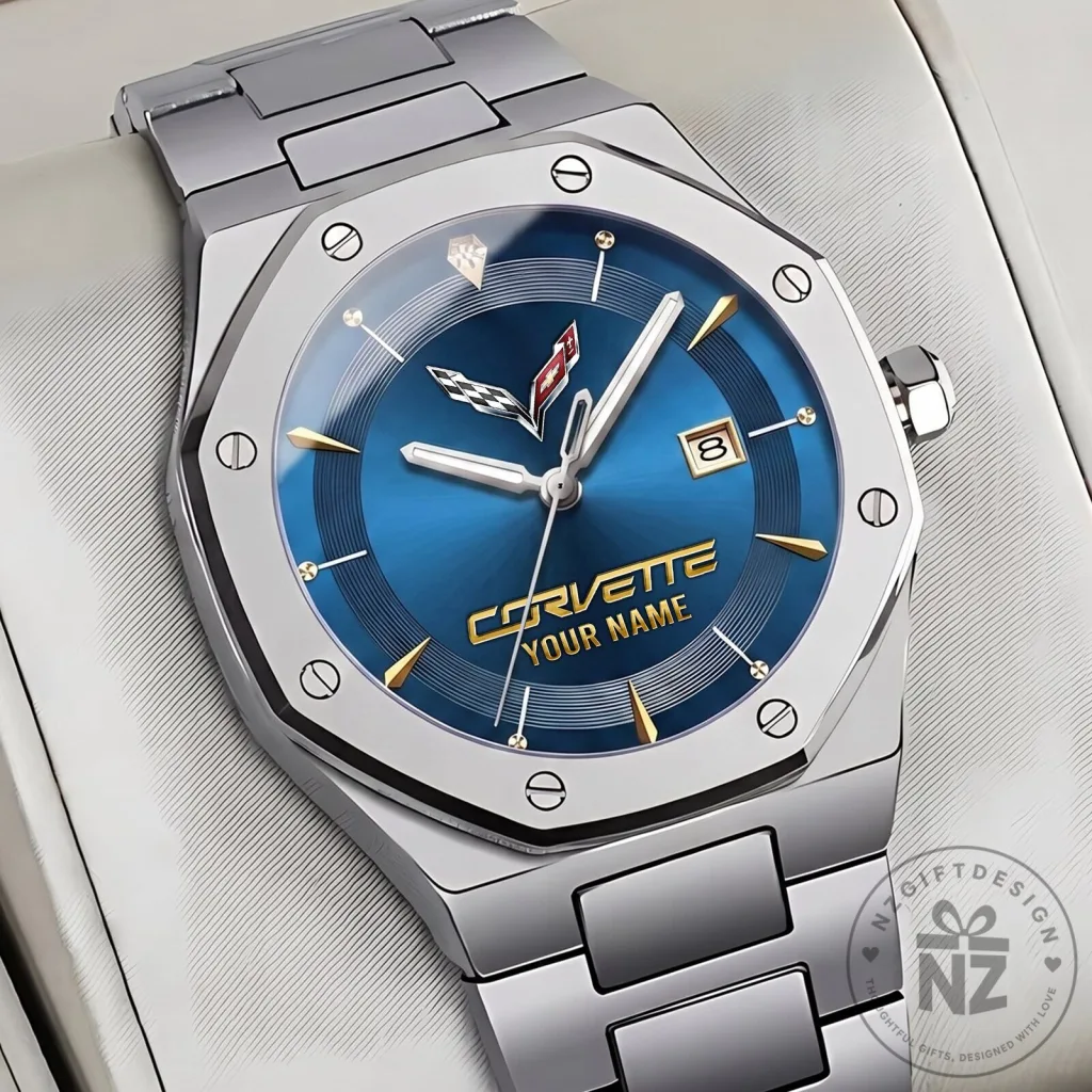 Chevrolet Corvette C8 Logo Blue Dial Custom Name Stainless Steel Men's Watch Chevrolet Corvette C8 Logo Blue Dial Custom Name Stainless Steel Men's Watch