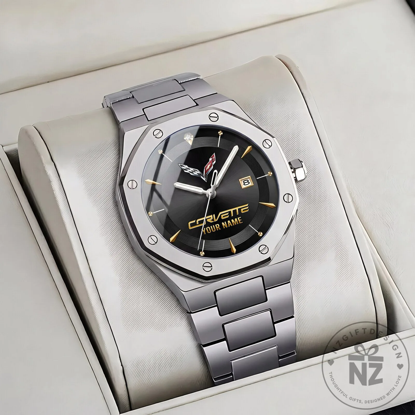 Chevrolet Corvette C8 Logo Blue Dial Custom Name Stainless Steel Men's Watch 15 Chevrolet Corvette C8 Logo Blue Dial Custom Name Stainless Steel Men