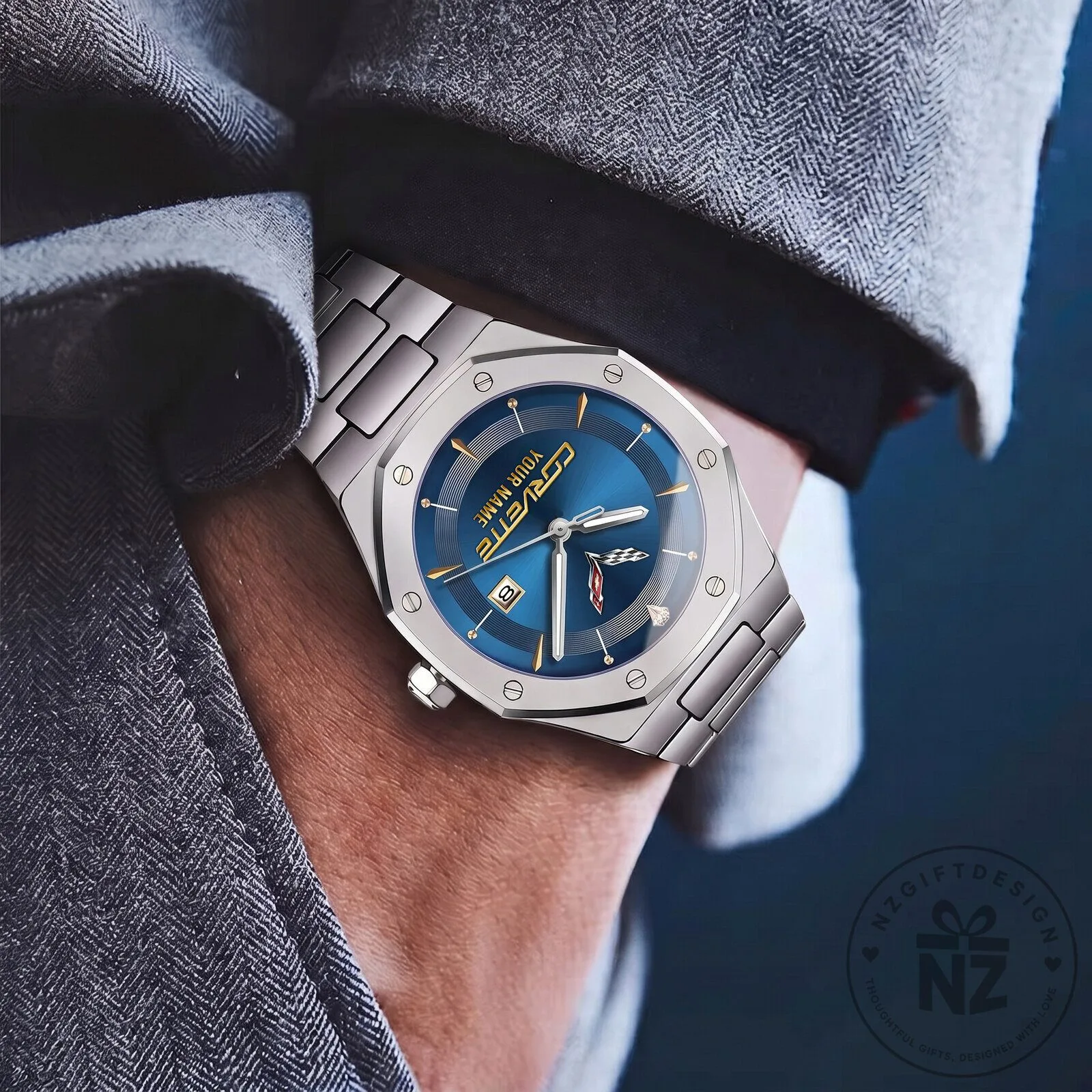 Chevrolet Corvette C8 Logo Blue Dial Custom Name Stainless Steel Men's Watch 16 Chevrolet Corvette C8 Logo Blue Dial Custom Name Stainless Steel Men