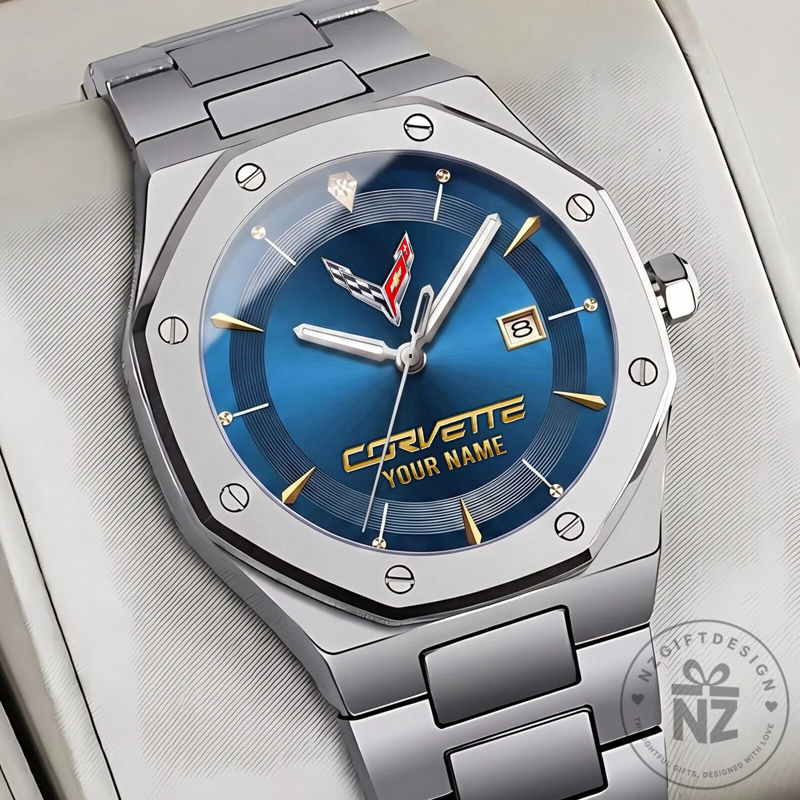 Chevrolet Corvette C8 Logo Blue Dial Custom Name Stainless Steel Men's Watch 19 Chevrolet Corvette C8 Logo Blue Dial Custom Name Stainless Steel Men