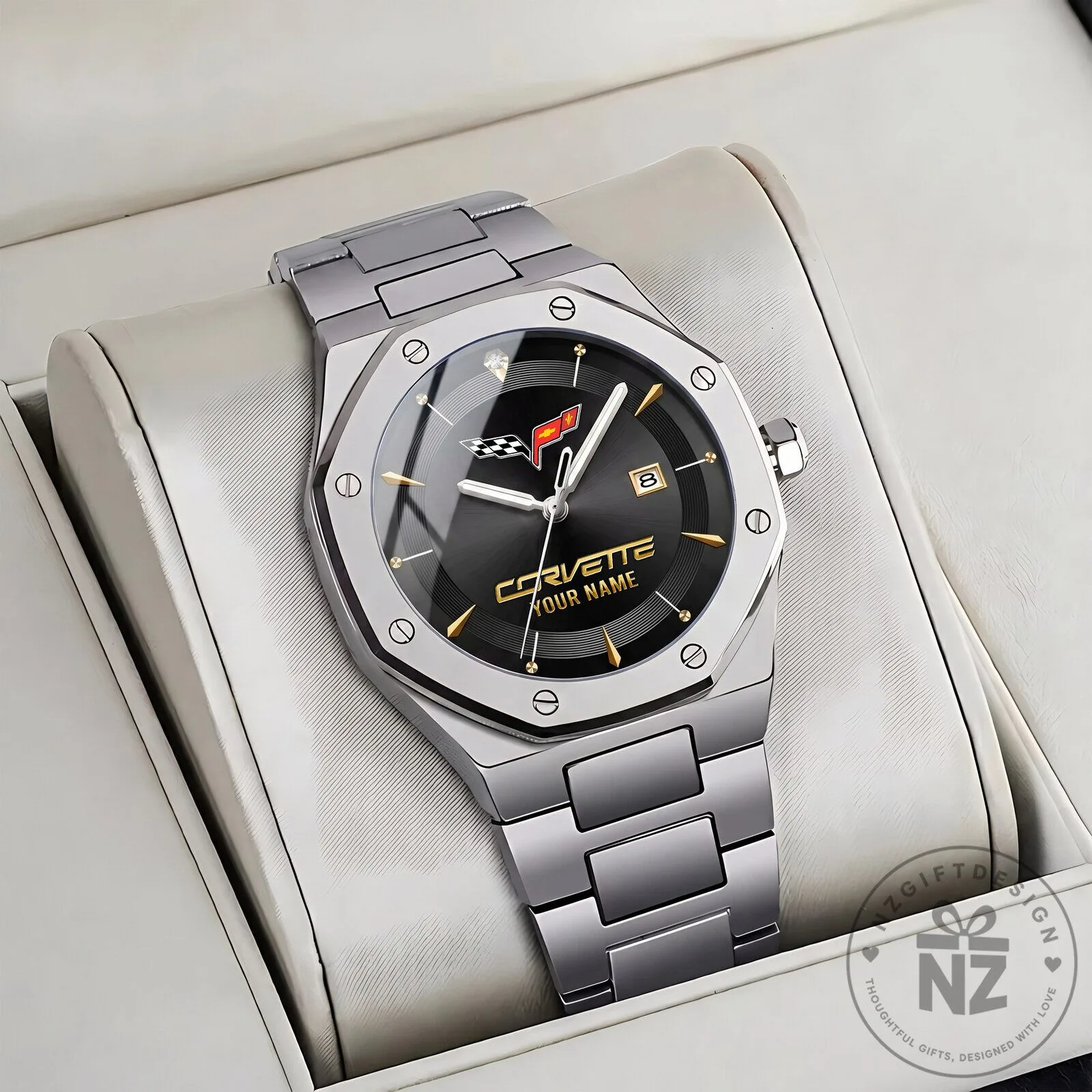 Chevrolet Corvette C8 Logo Blue Dial Custom Name Stainless Steel Men's Watch 20 Chevrolet Corvette C8 Logo Blue Dial Custom Name Stainless Steel Men
