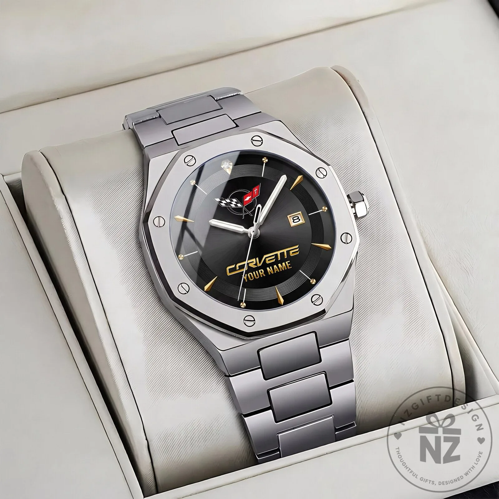 Chevrolet Corvette C8 Logo Blue Dial Custom Name Stainless Steel Men's Watch 22 Chevrolet Corvette C8 Logo Blue Dial Custom Name Stainless Steel Men
