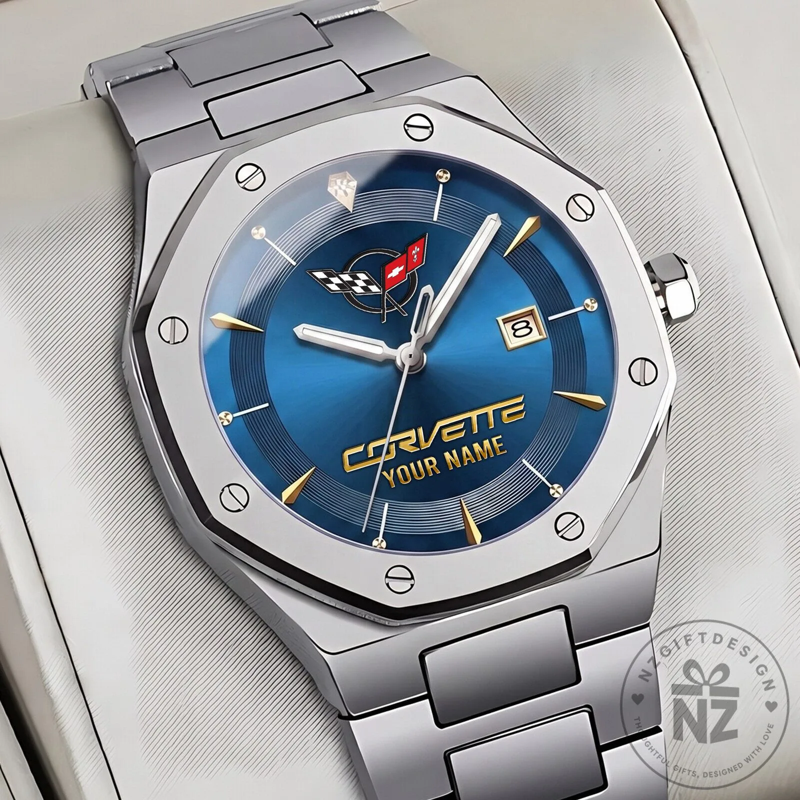 Chevrolet Corvette C8 Logo Blue Dial Custom Name Stainless Steel Men's Watch 23 Chevrolet Corvette C8 Logo Blue Dial Custom Name Stainless Steel Men