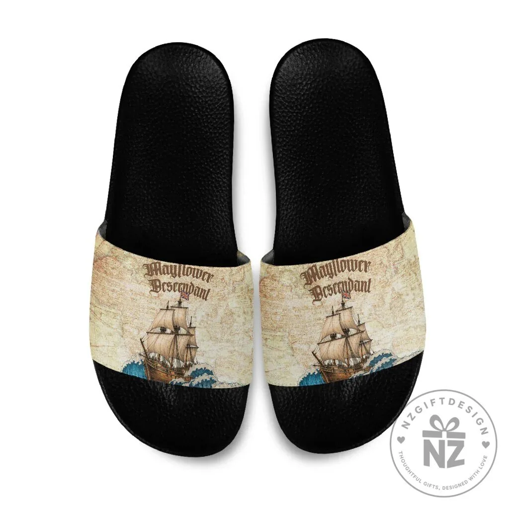 Mayflower Descendant Ship Vintage Nautical Map Ocean Waves Slide Sandals