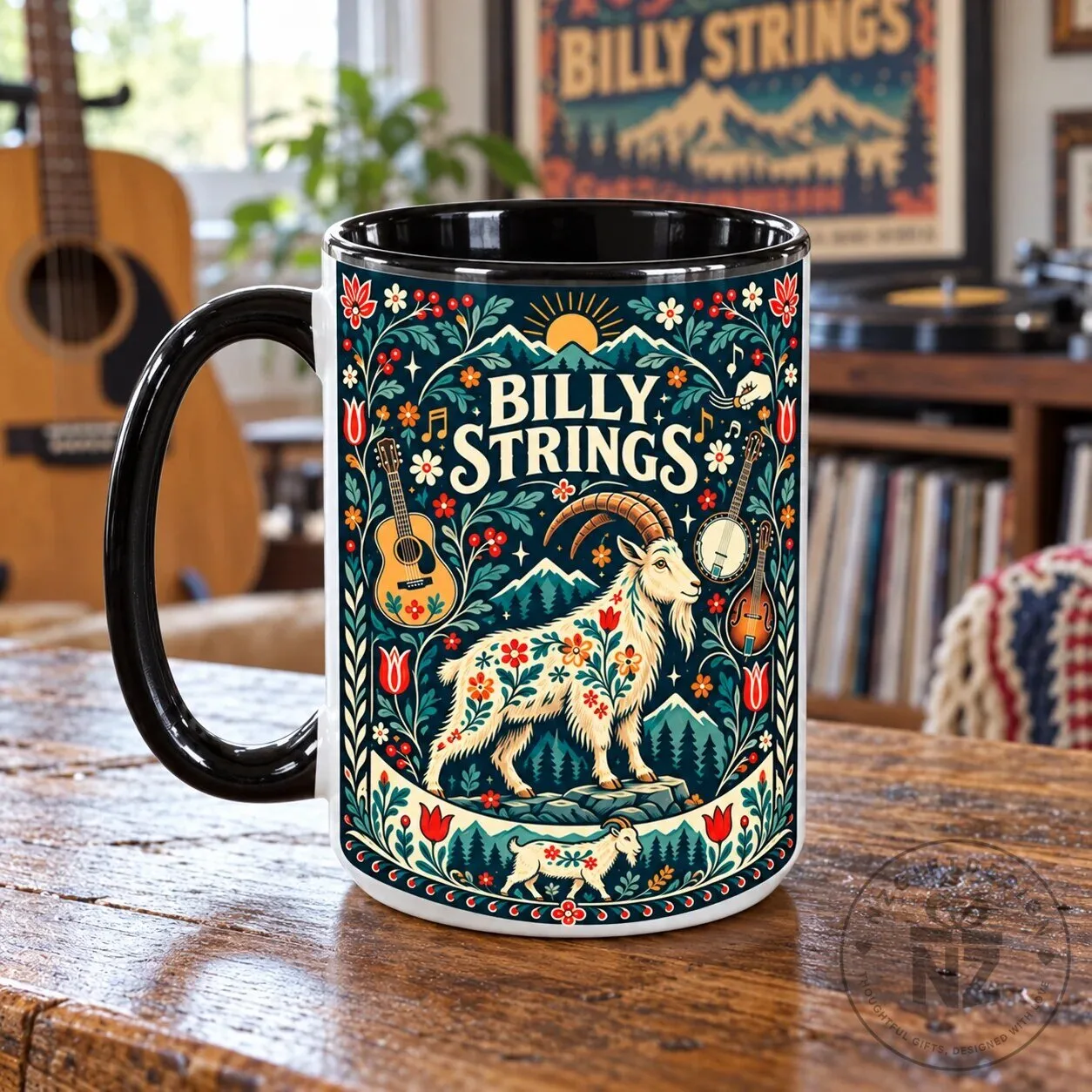 Billy Strings Mountain Goat and Banjo Folk Art Coffee Mug