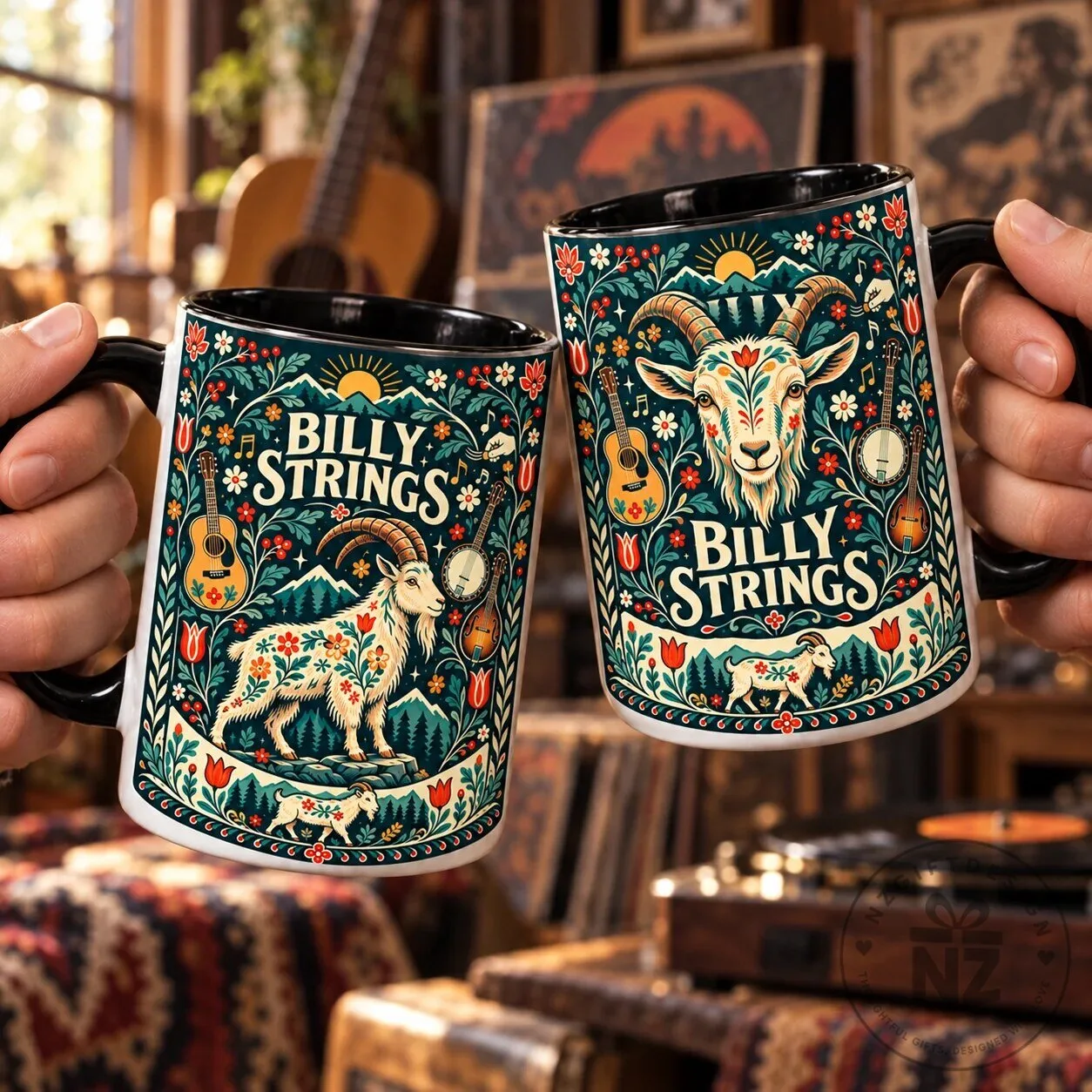 Billy Strings Mountain Goat and Banjo Folk Art Coffee Mug 12 Billy Strings Mountain Goat and Banjo Folk Art Coffee Mug