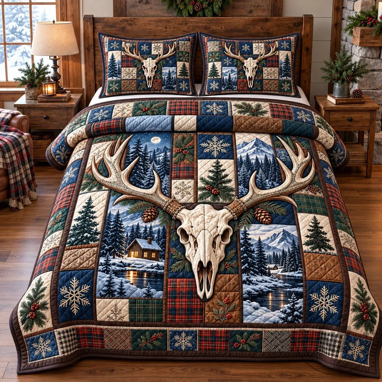 Rustic Forest Deer Skull Patchwork Winter Landscape Quilted Bedding Set 5 Rustic Forest Deer Skull Patchwork Winter Landscape Quilted Bedding Set