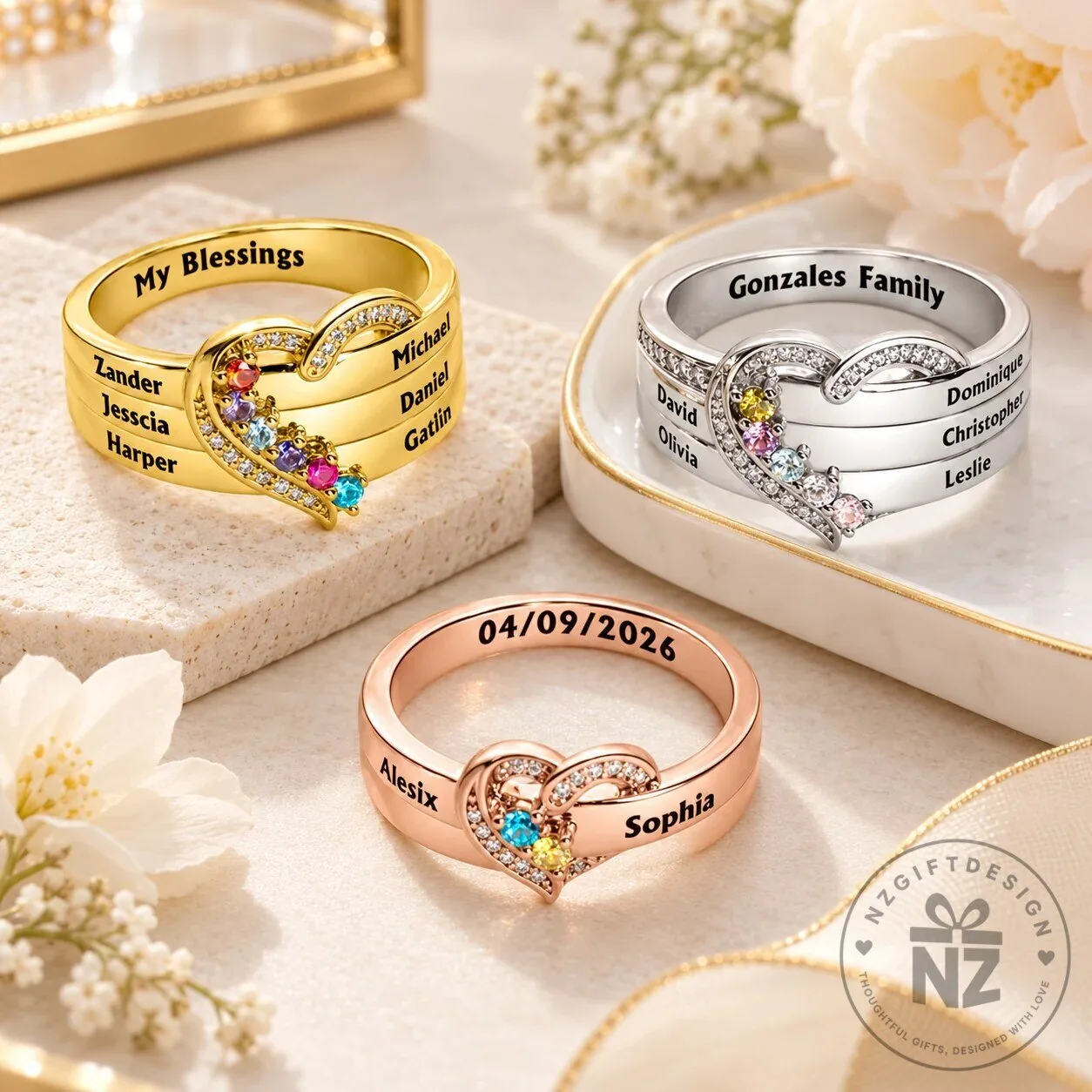 Custom Birthstone Heart Ring, Engraved Family Names Jewelry for Mom and Grandma