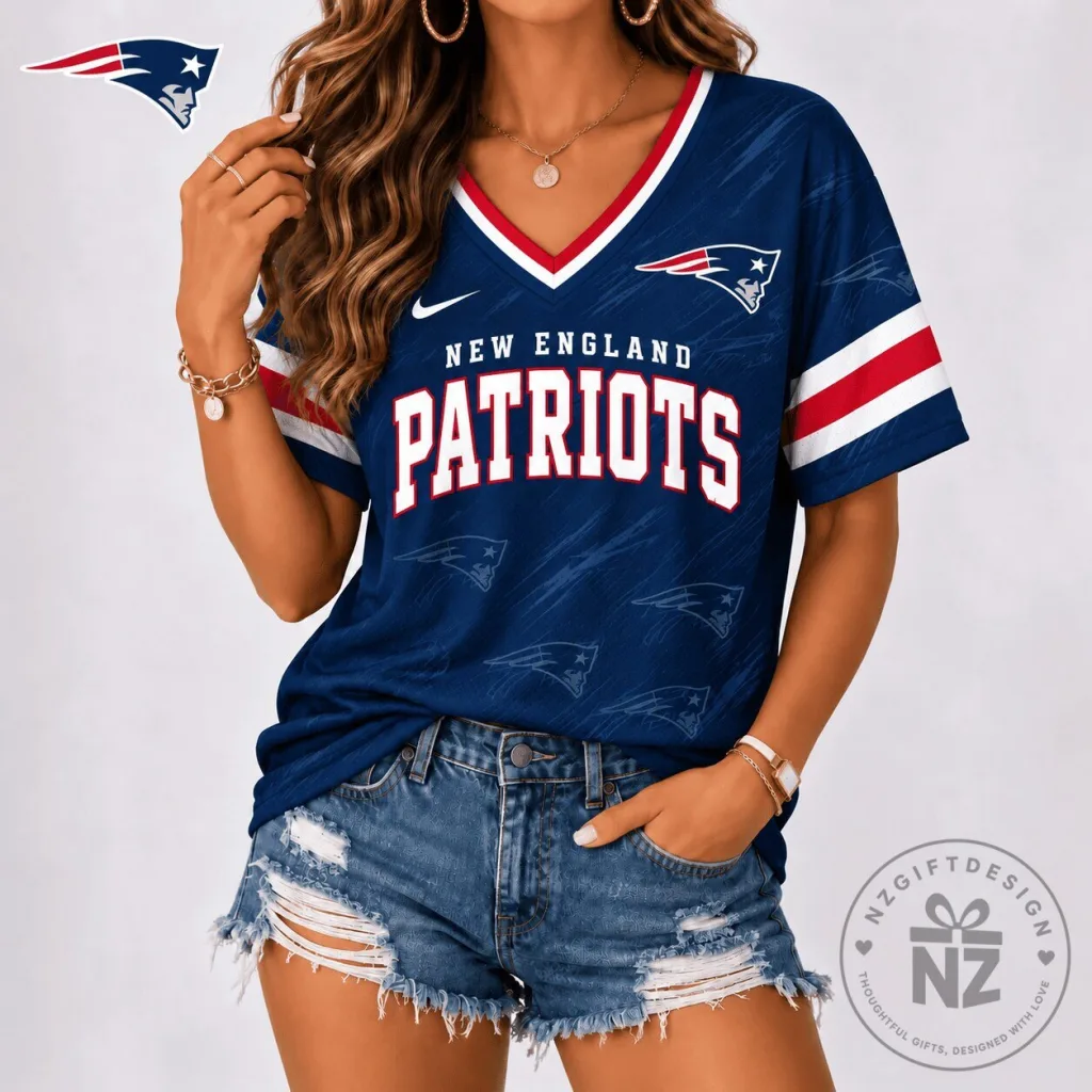 New England Patriots NFL Team Spirit V-Neck Shirt for Women New England Patriots NFL Team Spirit V-Neck Shirt for Women