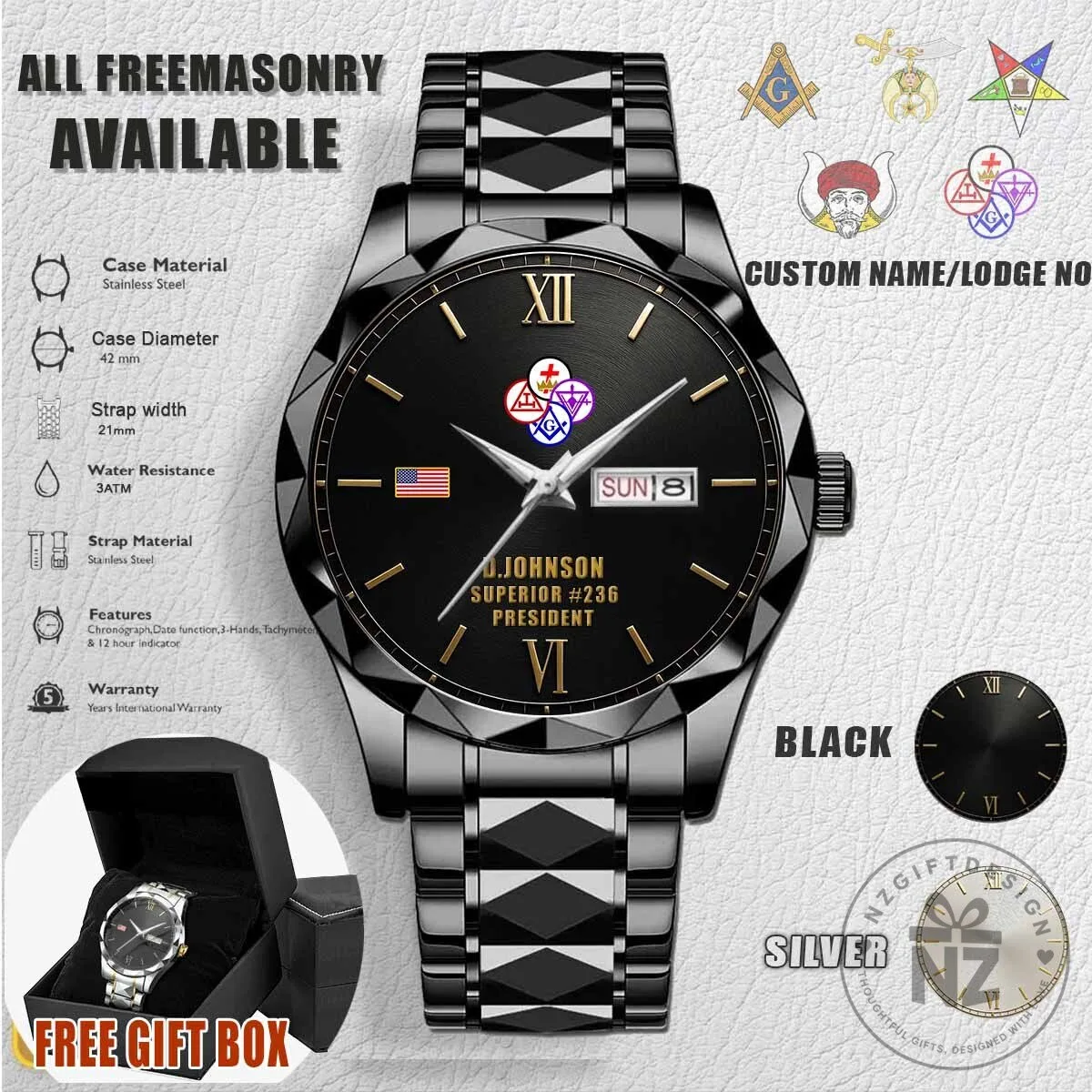 York Rite Freemasonry Stainless Steel Watch with Custom Name and Lodge Number