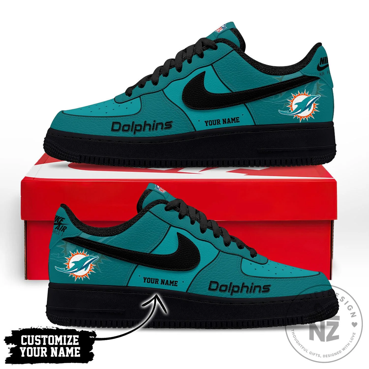 Miami Dolphins Custom Name Aqua Blue NFL Team Air Force 1 Sneakers