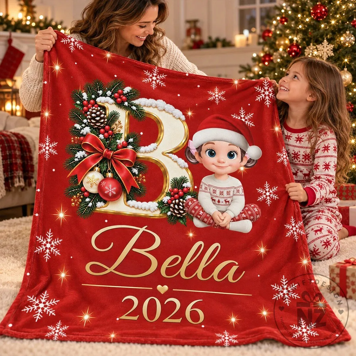 Personalized Christmas Initial Letter Name Red Fleece Blanket
