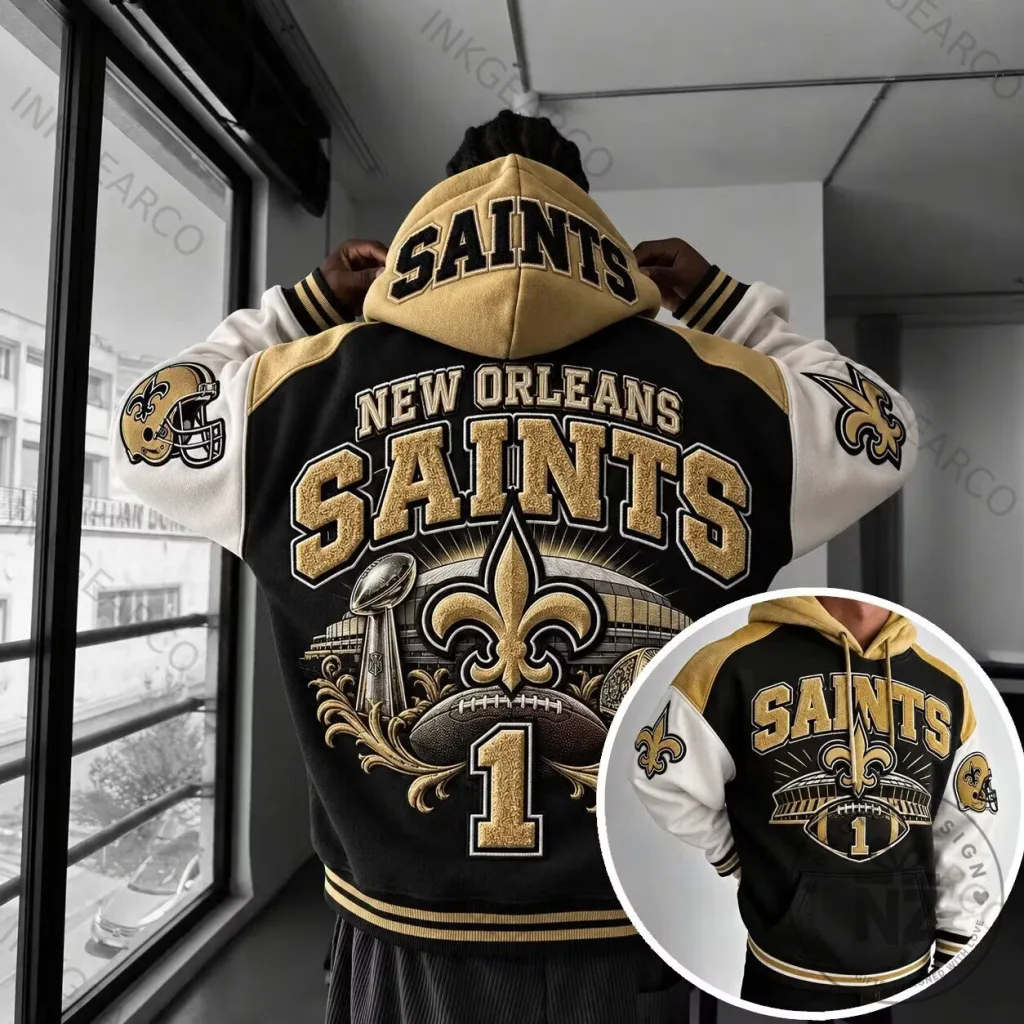 New Orleans Saints Football Team Black and Gold Varsity Style Hoodie New Orleans Saints Football Team Black and Gold Varsity Style Hoodie