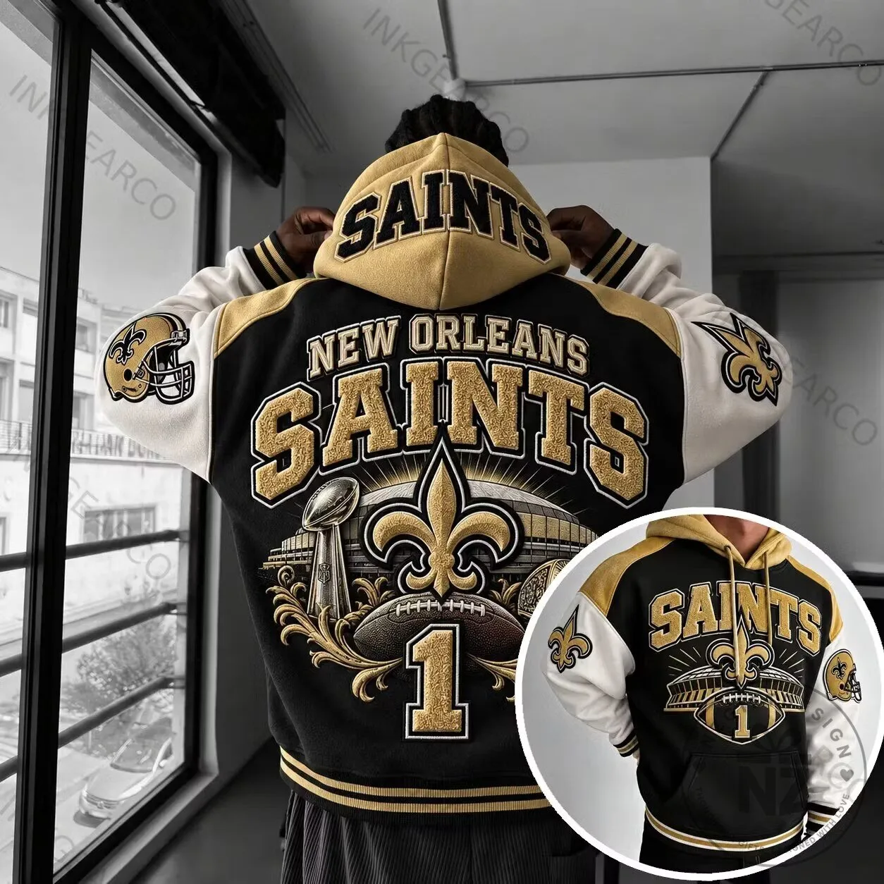 New Orleans Saints Football Team Black and Gold Varsity Style Hoodie