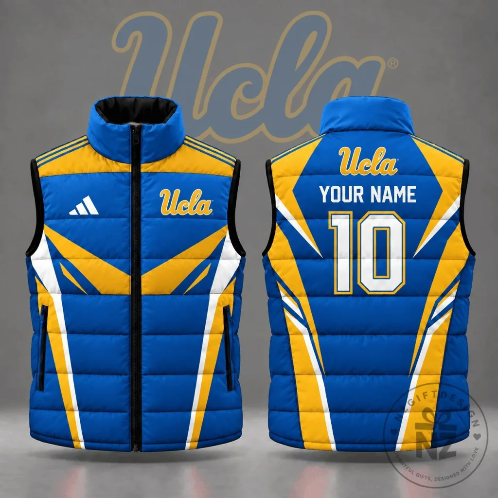UCLA Bruins Custom Name Number Geometric Colorblock Full Zip Puffer Vest UCLA Bruins Custom Name Number Geometric Colorblock Full Zip Puffer Vest
